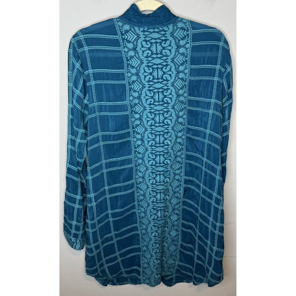 Johnny Was Small Blue Long Sleeve Button Front Tunic Shirt Embroidered Cupra